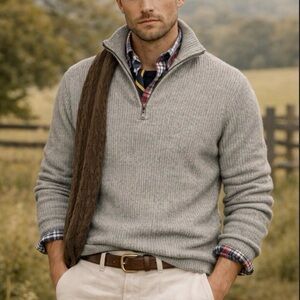 Men's American Eagle Wool Blend Ribbed Gray Quarter Zip Sweater Size Medium Tall